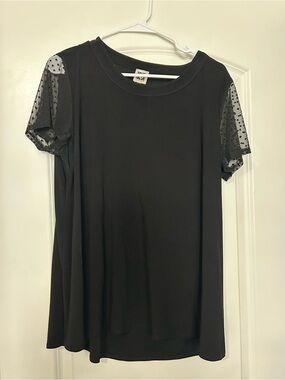 Anne Klein Black Short Sleeve Top with Sheer Polka Dot Sleeves